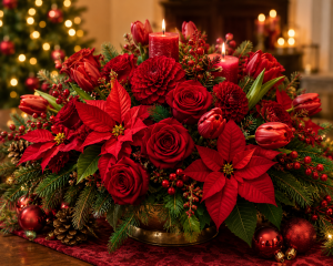Red Christmas flower centrepiece with poinsettias, red roses, dahlias and tulips with candles and pine - Flowers of Southport Gold Coast