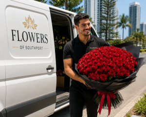 Flowers of Southport delivery van with a large bouquet of red roses - flower delivery Gold Coast