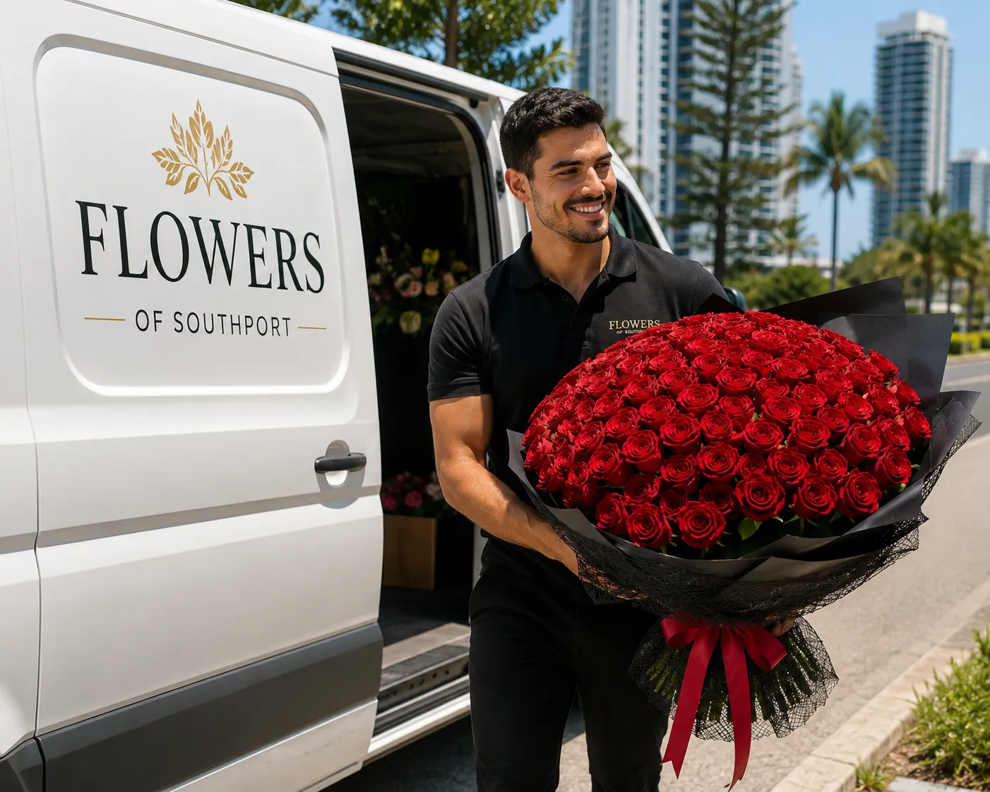 Flowers of Southport delivery van with a large bouquet of red roses - flower delivery Gold Coast