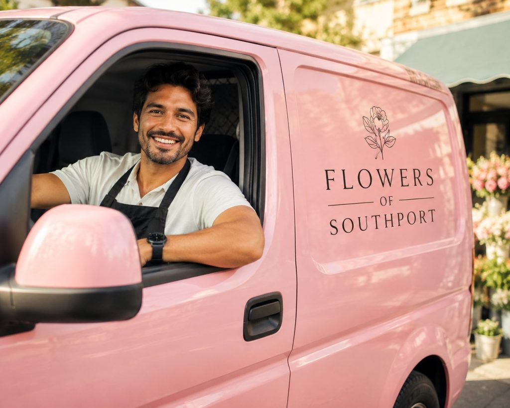 Same-day flower delivery on the Gold Coast - Flowers Of Southport driver smiling from the pink delivery van.