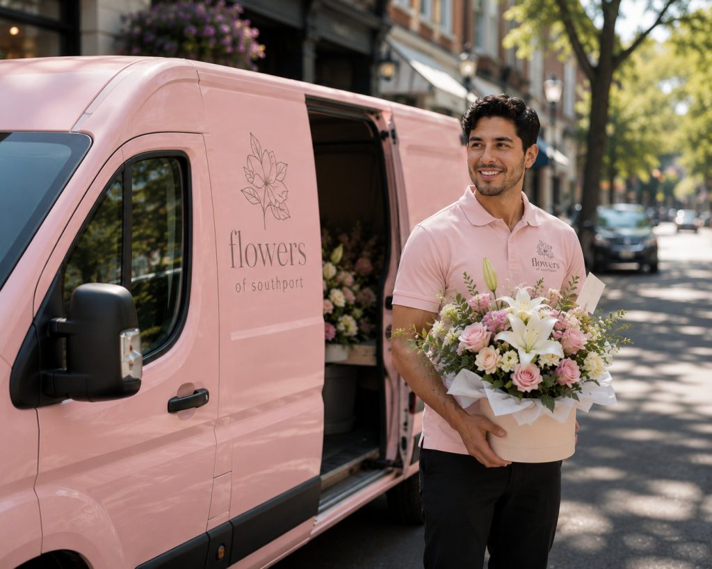 Same-day flower delivery on the Gold Coast - Flowers Of Southport driver carrying a fresh hand-tied bouquet to the pink delivery van.