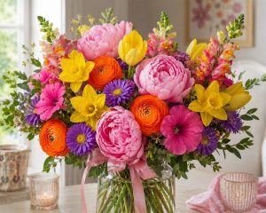 Bright spring flower bouquet with peonies, tulips, daffodils and ranunculus - spring flower trends on the Gold Coast