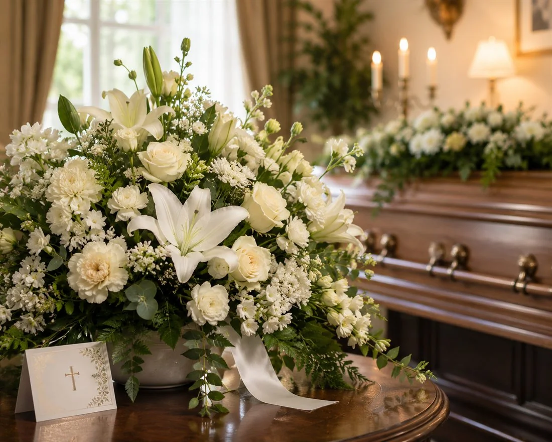 Sympathy flowers with white lilies candles and soft elegant styling Gold Coast
