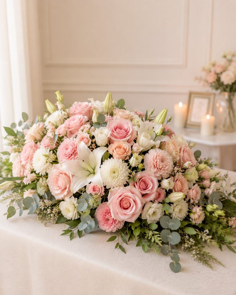 Sympathy and funeral flowers Gold Coast - soft pink and cream coffin spray with roses, lilies and carnations by Flowers Of Southport. Hand-tied, respectful tribute arrangement, same-day delivery to Southport and Gold Coast funeral homes.