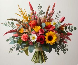 Lush bouquet of popular Australian flowers - natives, roses, sunflower and tulips - Flowers of Southport Gold Coast