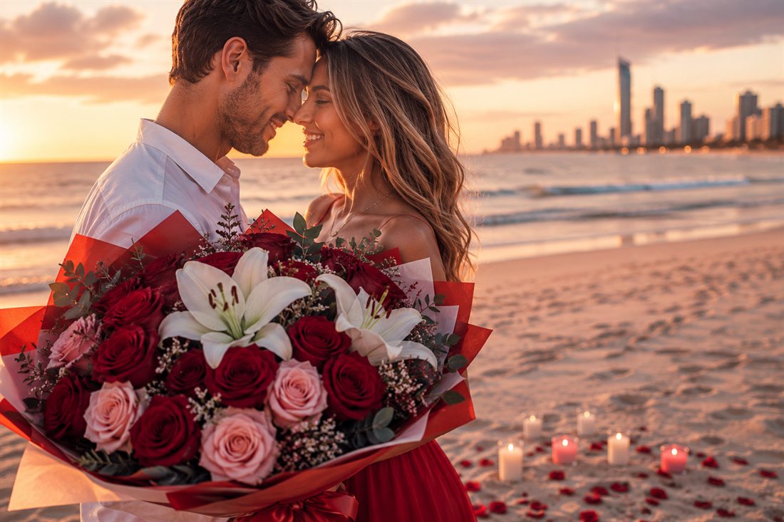 Valentine's Day flowers Gold Coast - a couple on the beach at sunset with a red and pink rose bouquet, Surfers Paradise skyline behind
