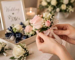 Florist holding a pink rose wedding corsage with organza ribbon - how to choose the perfect corsage, Gold Coast