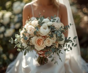 Bride holding an elegant bridal bouquet of cream and blush roses with eucalyptus - wedding flowers, Gold Coast