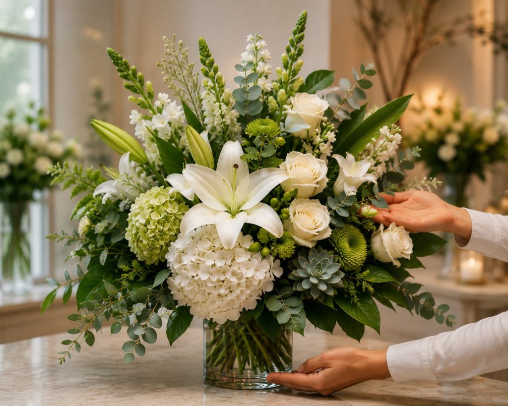 Why choose Flowers Of Southport - florist hand-styling a premium white and green Gold Coast arrangement with hydrangeas, lilies and roses.