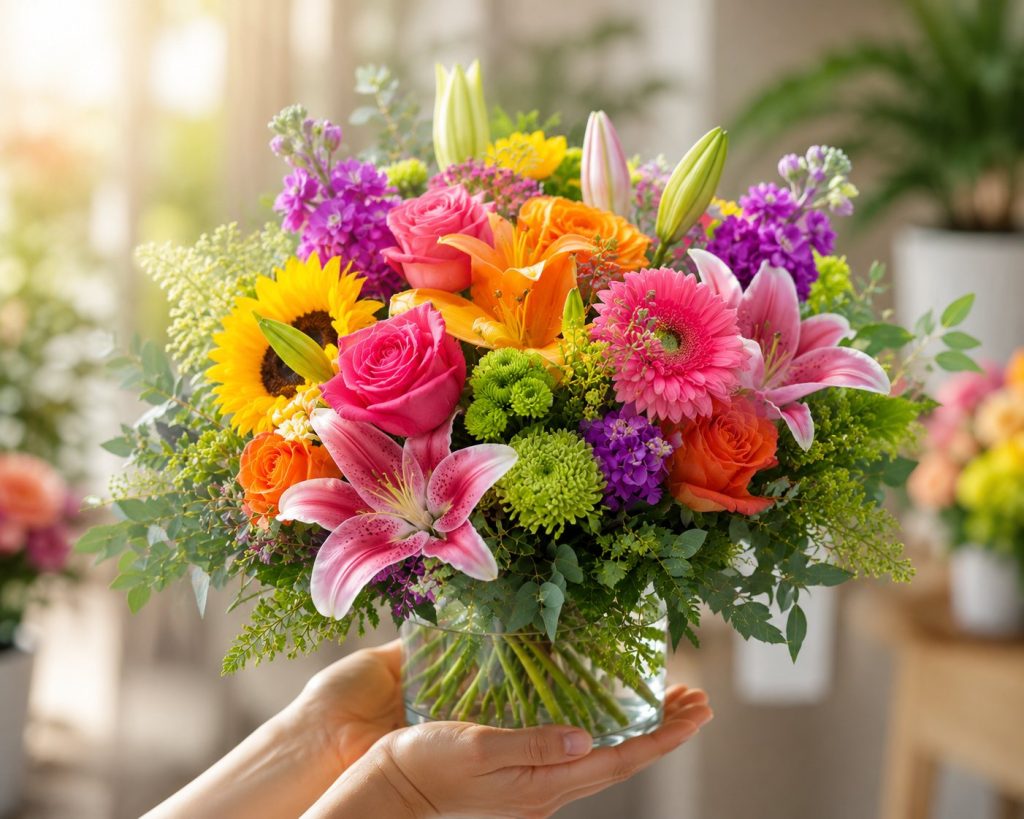 Why choose Flowers Of Southport - vibrant mixed bouquet with hot pink roses, sunflowers, lilies and gerberas held by the florist.