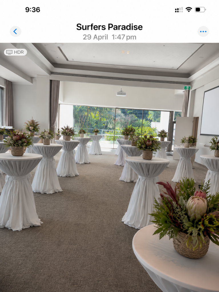 Cocktail-table florals at a Surfers Paradise corporate function by Flowers of Southport