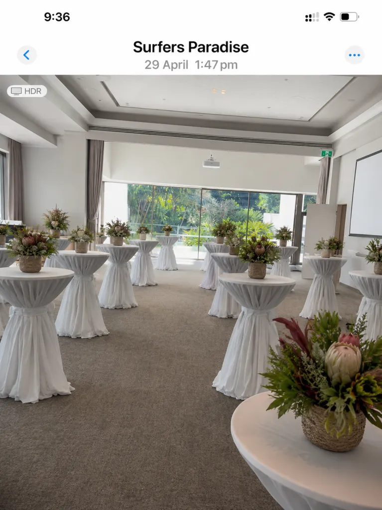 Cocktail-table florals at a Surfers Paradise corporate function by Flowers of Southport