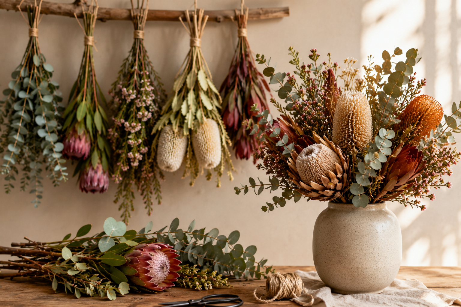 Native flowers including banksia, protea, kangaroo paw and eucalyptus hanging upside down to dry, with a finished dried arrangement in a ceramic vase. Flowers of Southport Gold Coast guide to drying native flowers.