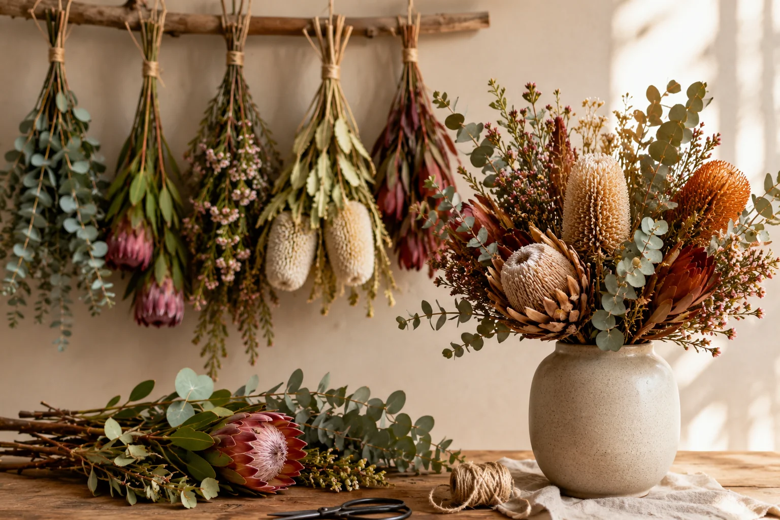 Native flowers including banksia, protea, kangaroo paw and eucalyptus hanging upside down to dry, with a finished dried arrangement in a ceramic vase. Flowers of Southport Gold Coast guide to drying native flowers.
