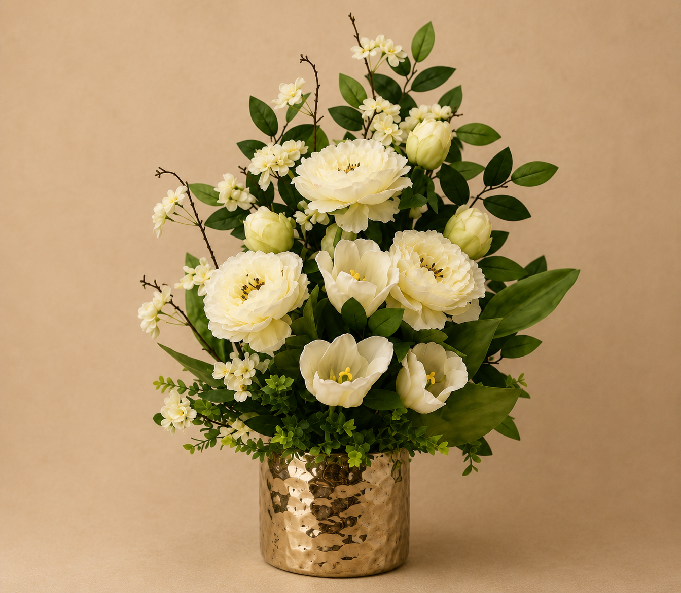 Maracay artificial arrangement - cream peonies and white tulips in a hammered gold vase, Flowers of Southport Gold Coast