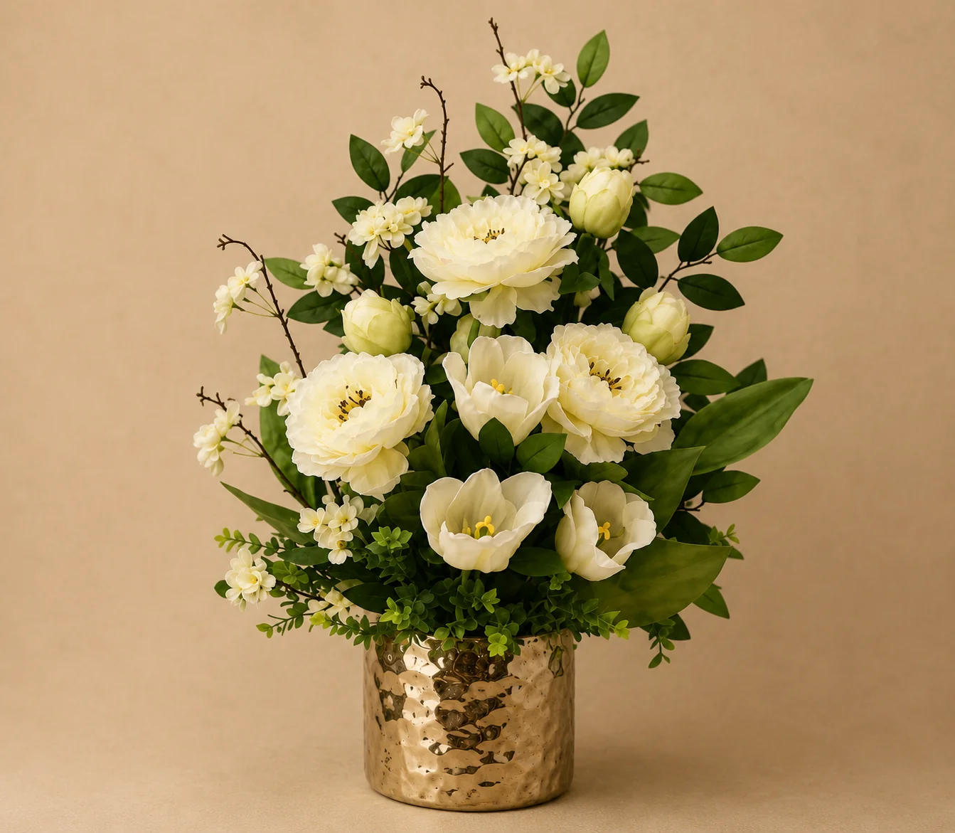 Maracay artificial arrangement - cream peonies and white tulips in a hammered gold vase, Flowers of Southport Gold Coast