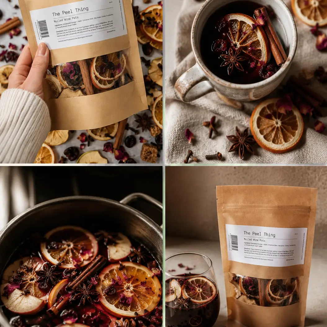 Mulled wine pouch ingredients and prepared mulled wine - Flowers of Southport gift add-on