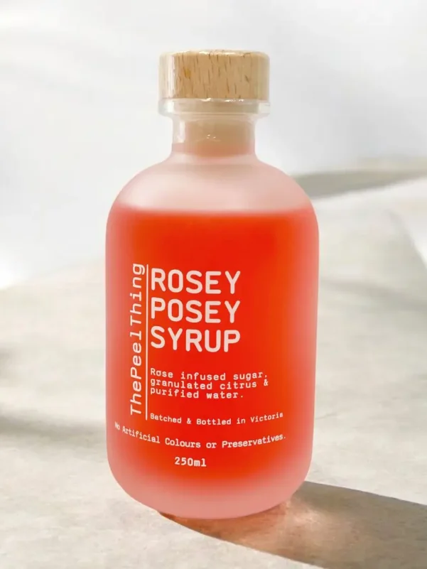 Rosey Posey rose-infused syrup bottle by The Peel Thing - gift add-on from Flowers of Southport