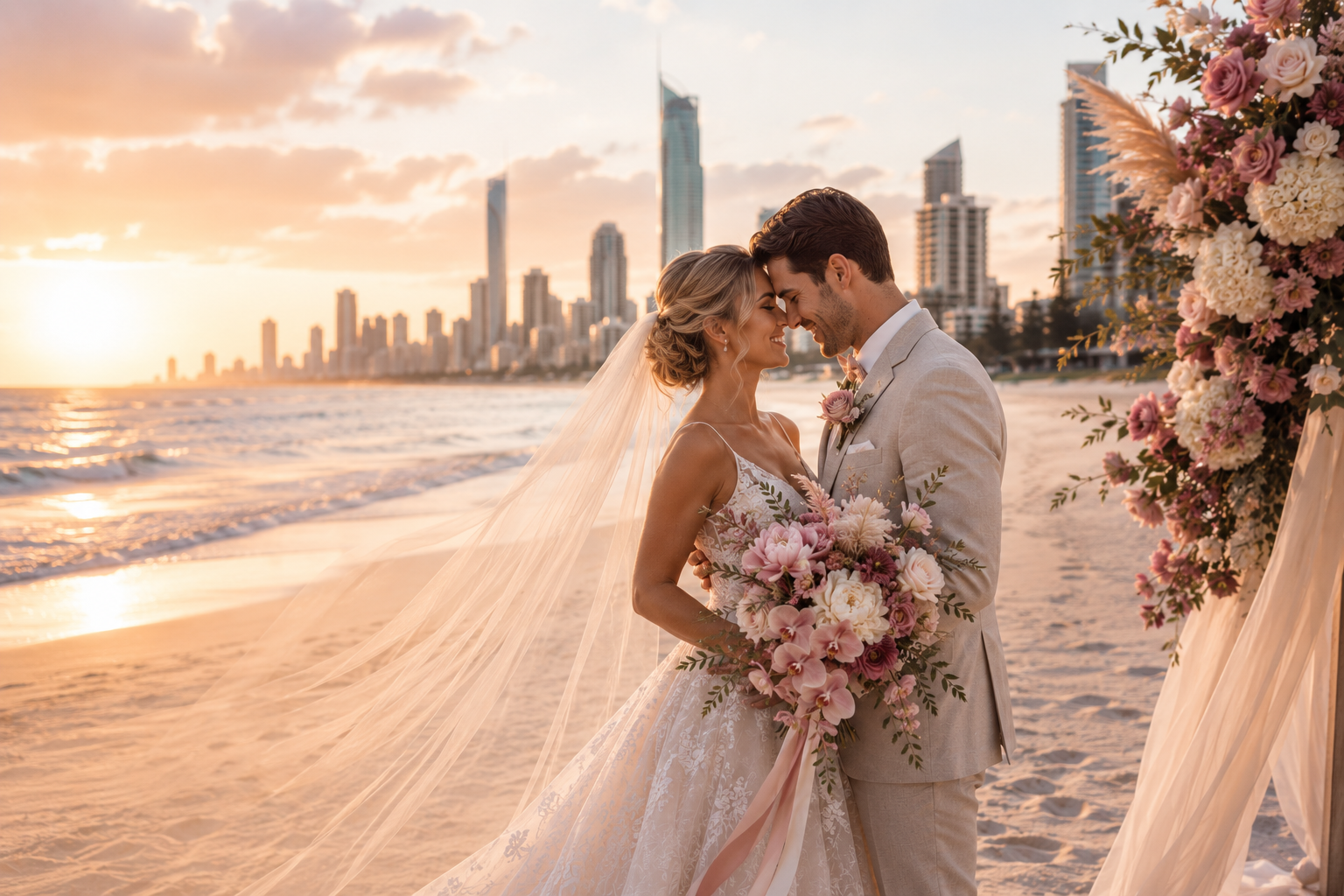 Bride and groom at sunset on the beach with Surfers Paradise skyline &mdash; wedding florist Gold Coast