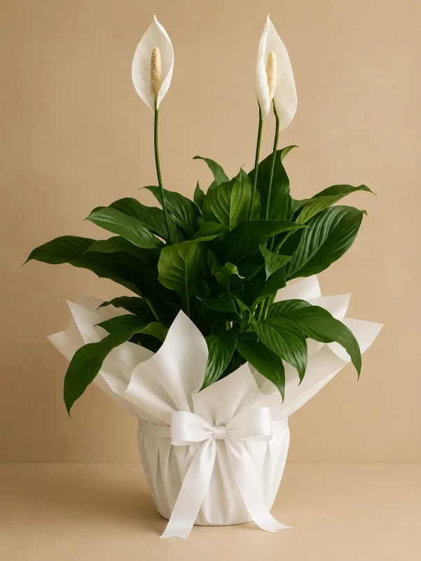 White Peace Lily plant in white wrapping - Gold Coast same-day delivery