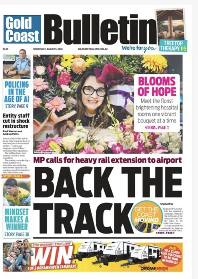 Gold Coast Bulletin front page, 5 August 2026 - Blooms of Hope, featuring Flowers of Southport