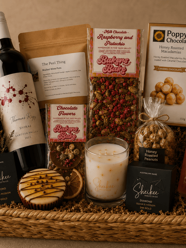 Gourmet hamper with Barossa Valley Shiraz, artisan chocolates, roasted nuts and candle in a woven basket — gift hamper delivery Gold Coast
